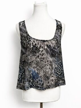 Sheer Abstract Lace Tank Top Blue Grey Animal Print Flowy Y2K